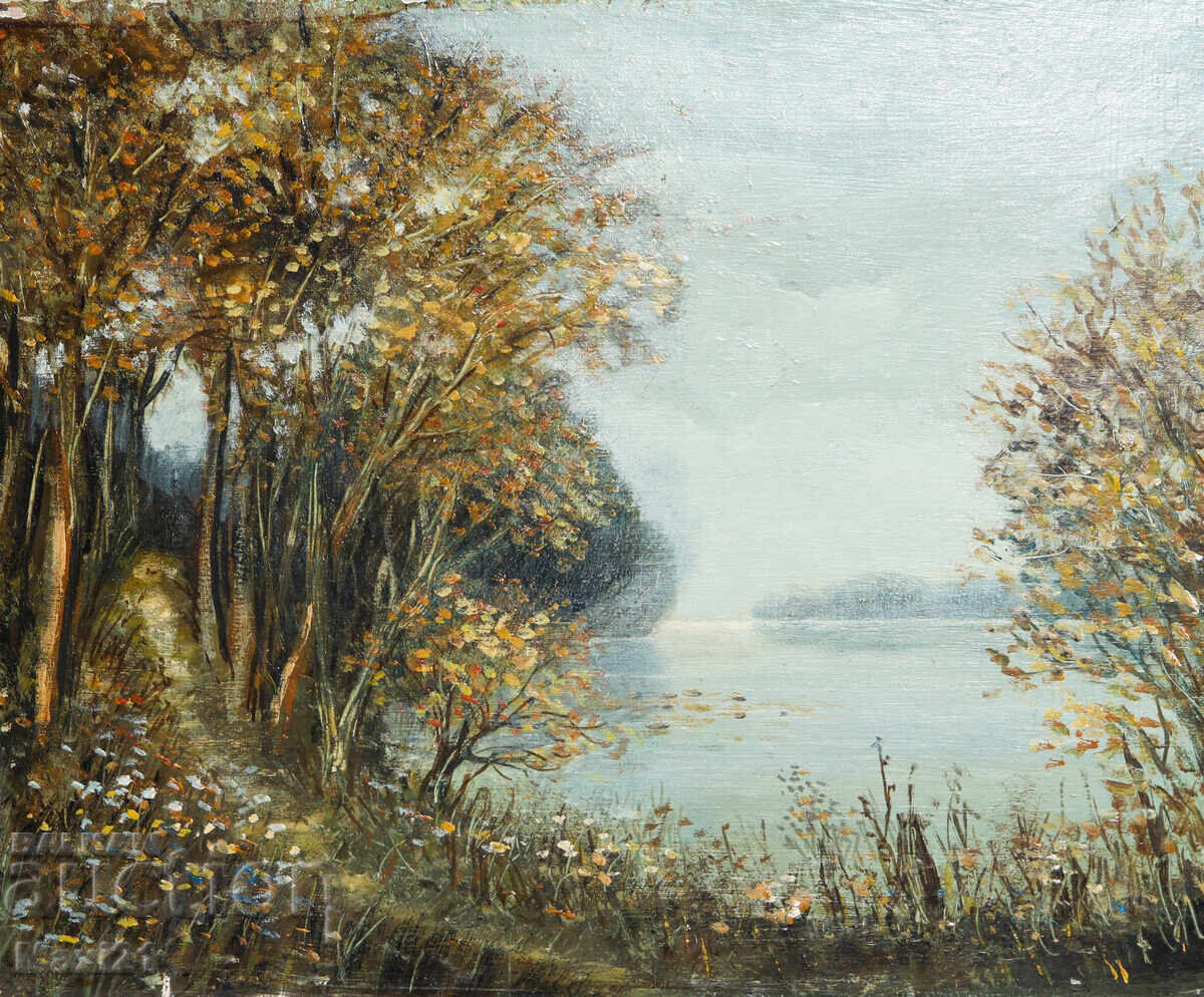 Licitație Tablou în ulei peisaj frumos, potecă de pădure lângă râu