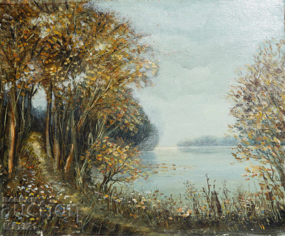 Tablou în ulei peisaj frumos, potecă de pădure lângă râu