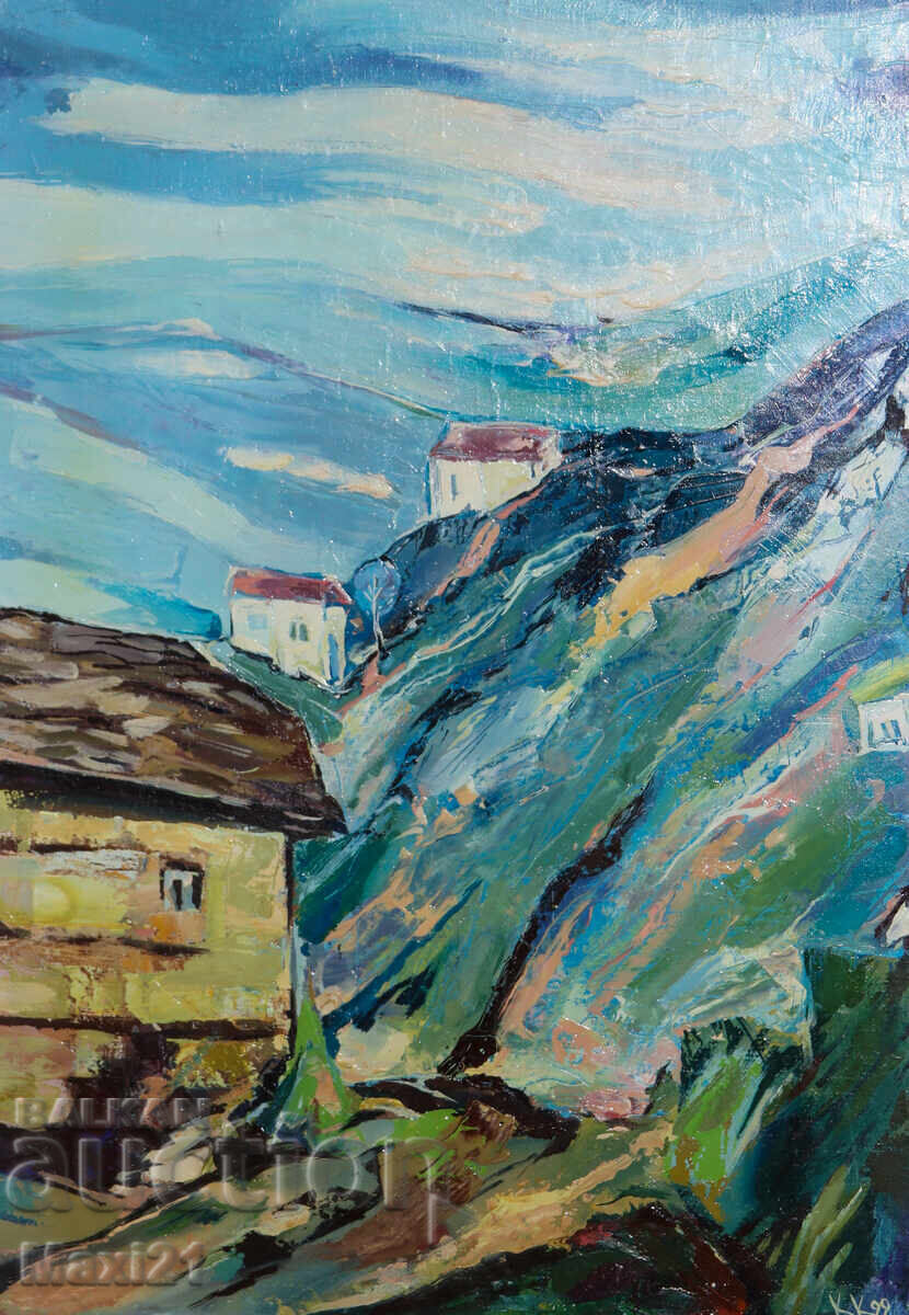 Oil painting, genre landscape, rural houses, 1999 with price 250.00 BGN | € 127.82