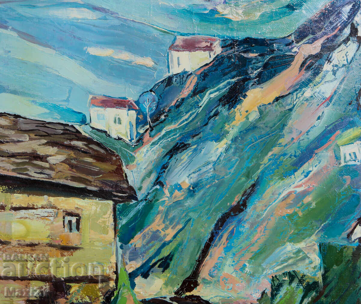 Delivery of Oil painting, genre landscape, rural houses, 1999