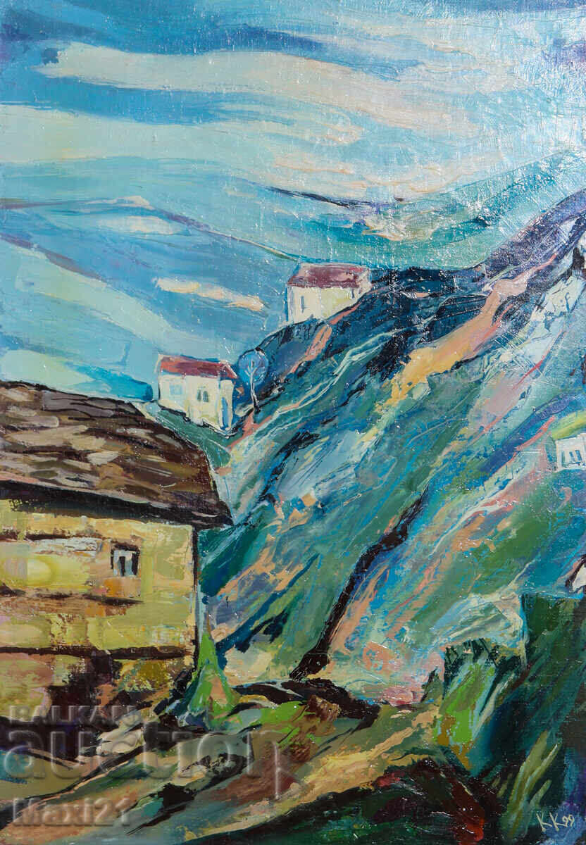 Oil painting, genre landscape, rural houses, 1999
