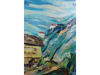 Oil painting, genre landscape, rural houses, 1999