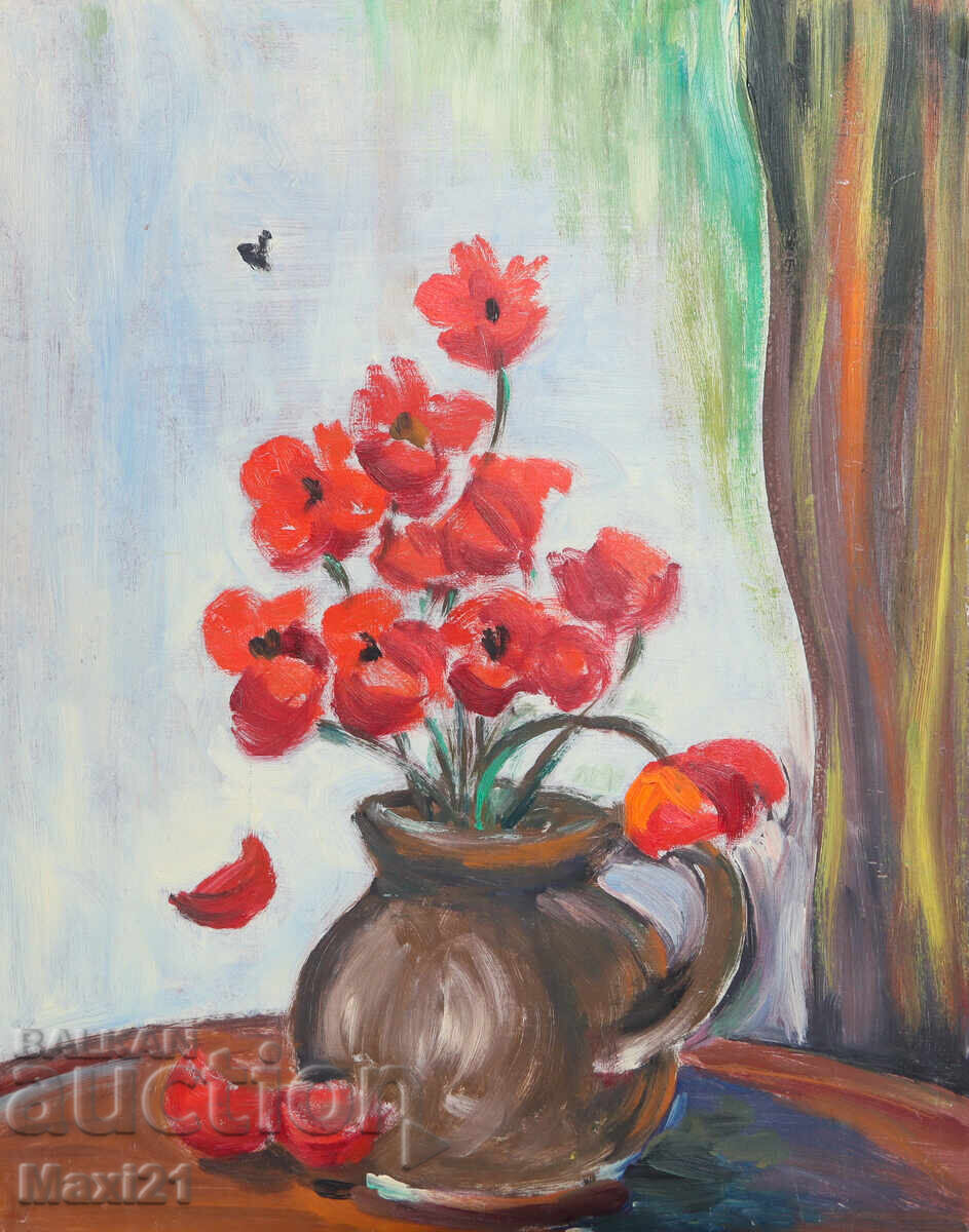 Δημοπρασία Έλαιογραφία νεκρής φύσης, βάζο με λουλούδια