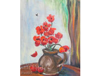 Pictură în ulei natură statică, vază cu flori