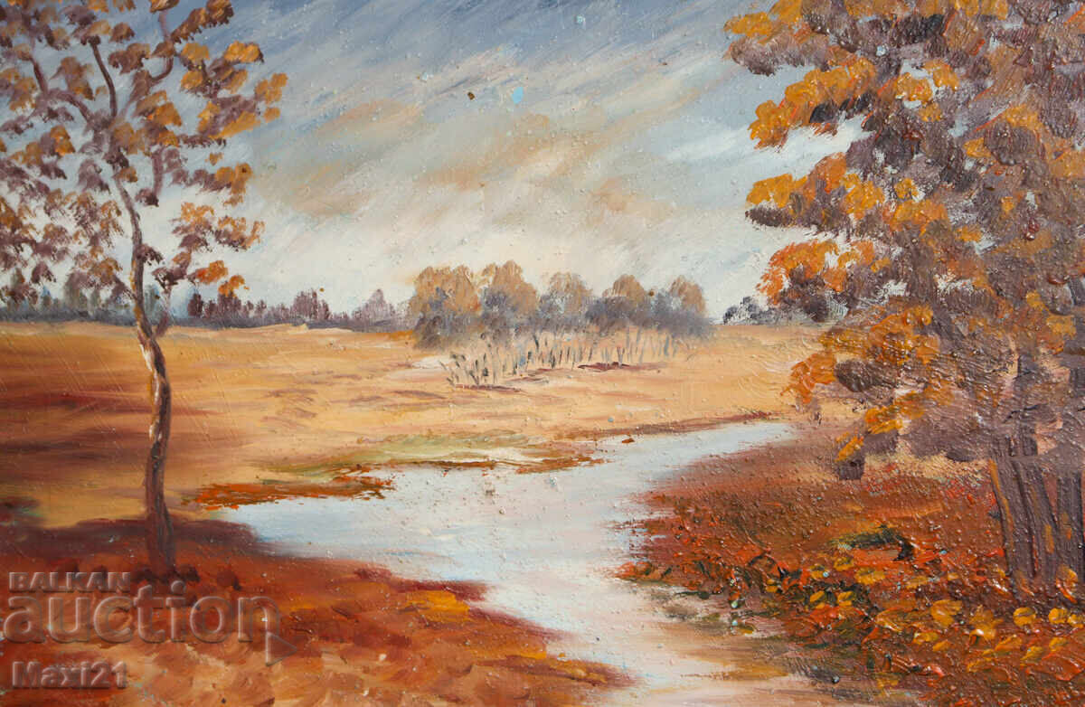 Παράδοση Ελαιογραφία, όμορφο φθινοπωρινό τοπίο ποταμού, υπογεγραμμένη