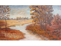 Pictură în ulei, peisaj frumos de râu toamnă, semnată