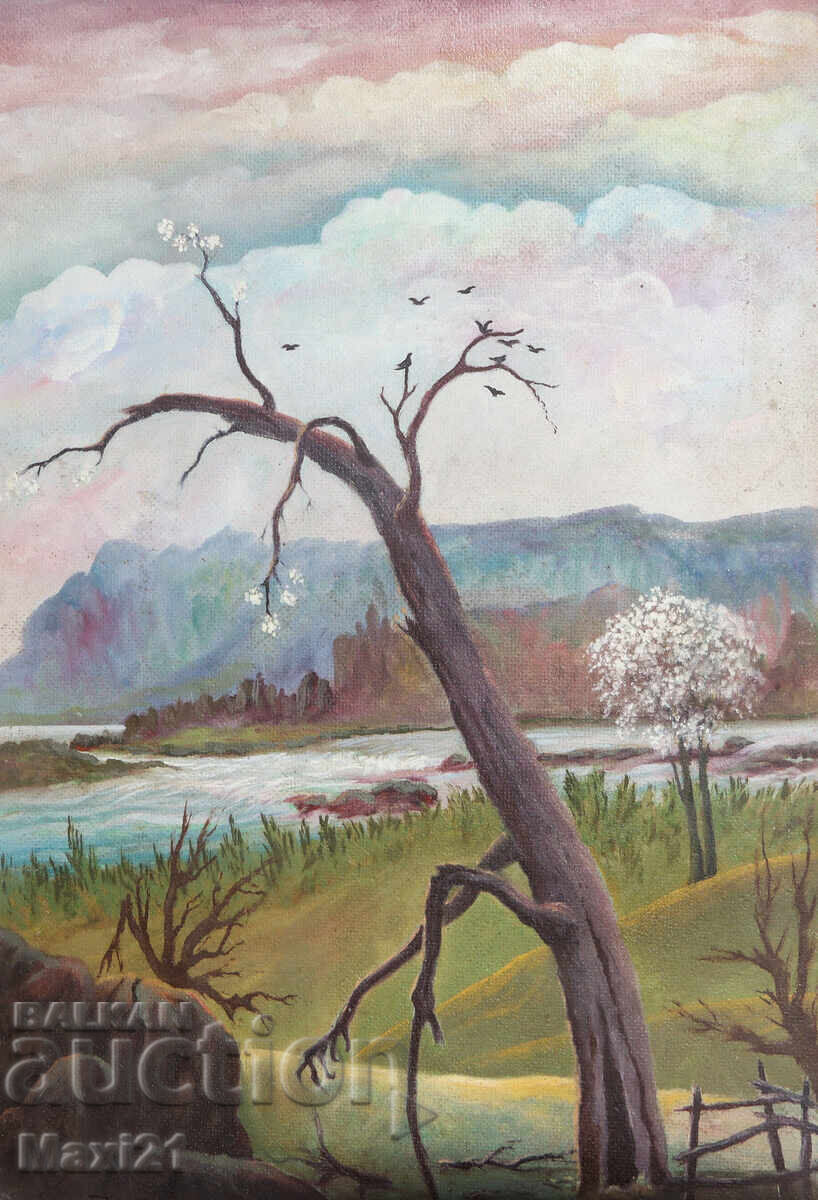 Ελαιογραφία όμορφου τοπίου ποταμού, φύση με τιμή 250.00 BGN | € 127.82