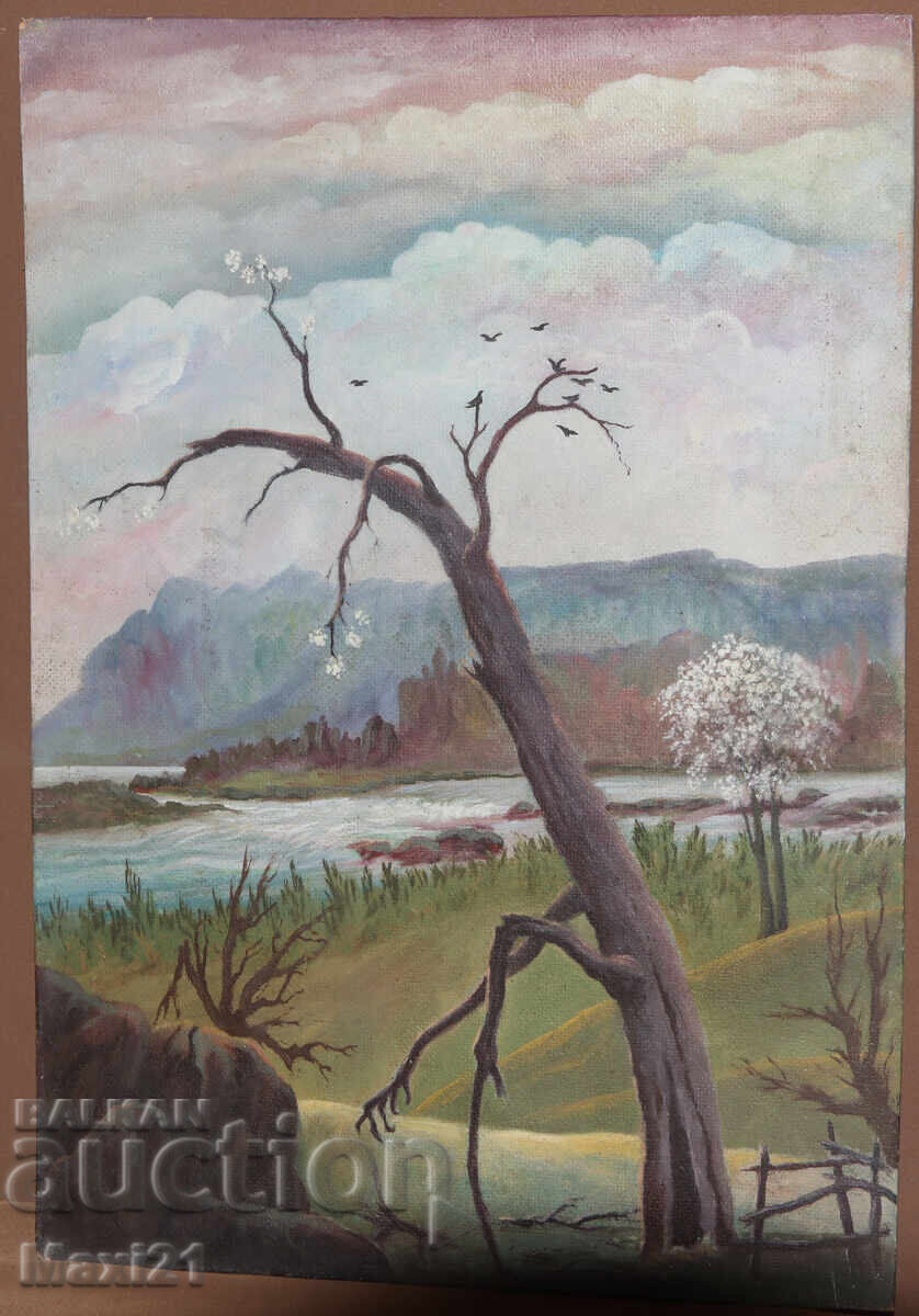 Δημοπρασία Ελαιογραφία όμορφου τοπίου ποταμού, φύση