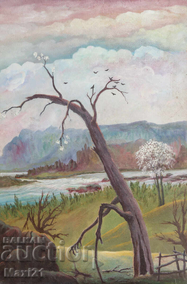 Ελαιογραφία όμορφου τοπίου ποταμού, φύση