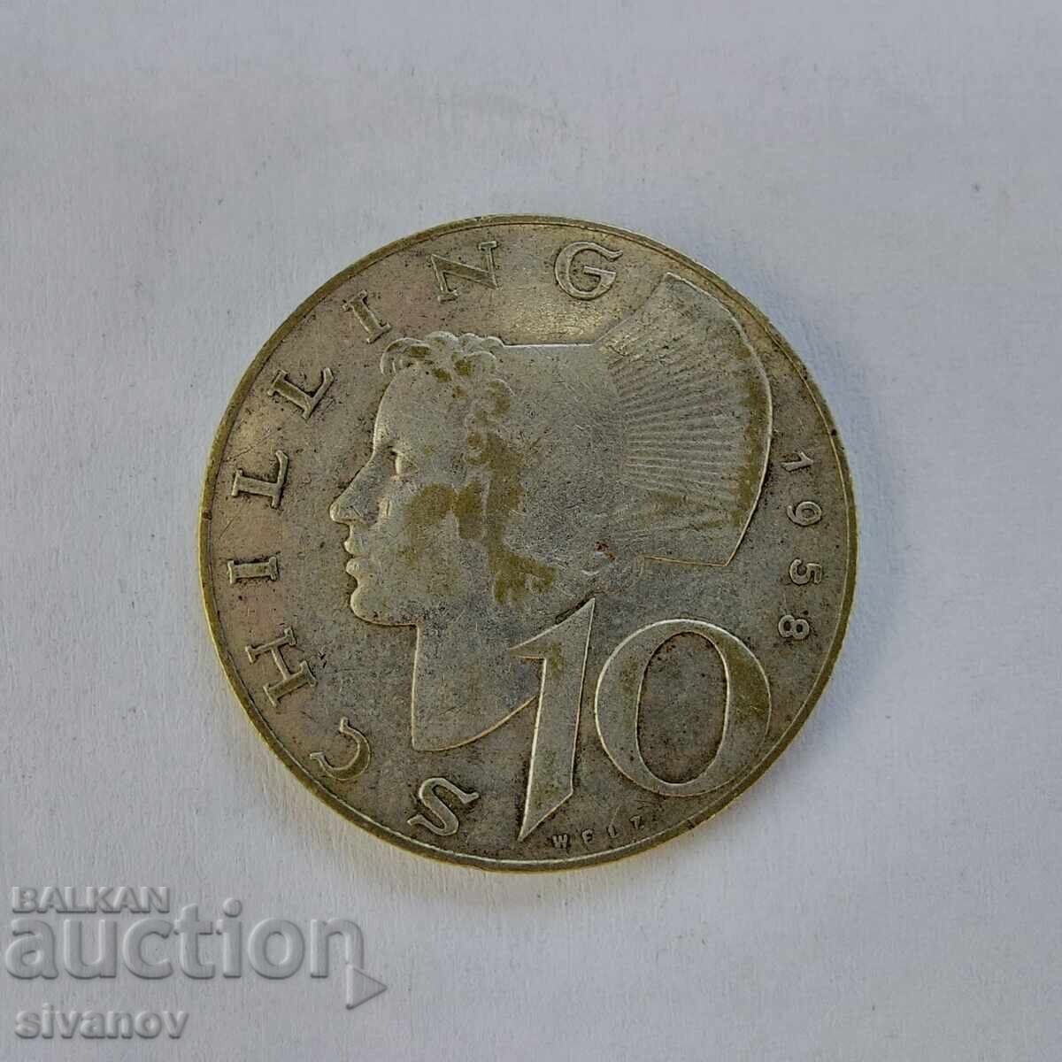 Австрия 10 Шилинга 1958 Сребърна Монета #3204