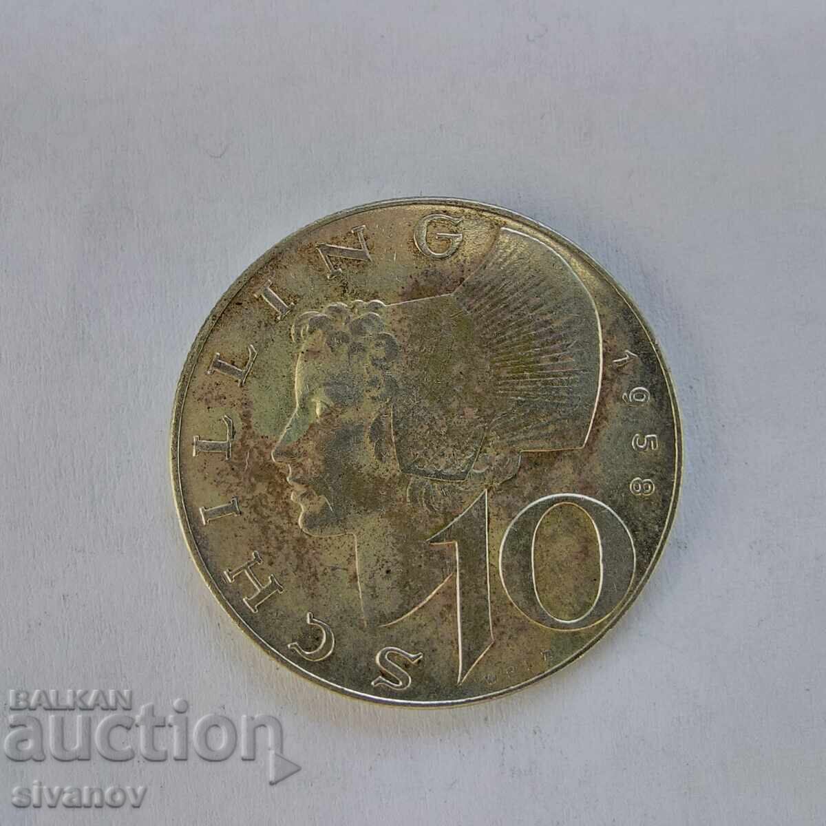 Австрия 10 Шилинга 1958 Сребърна Монета #3205 Австрия 10 Шилинга 1958 Сребърна Монета #3205