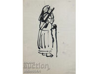 Tablou interesant, portret în tuș, 1960