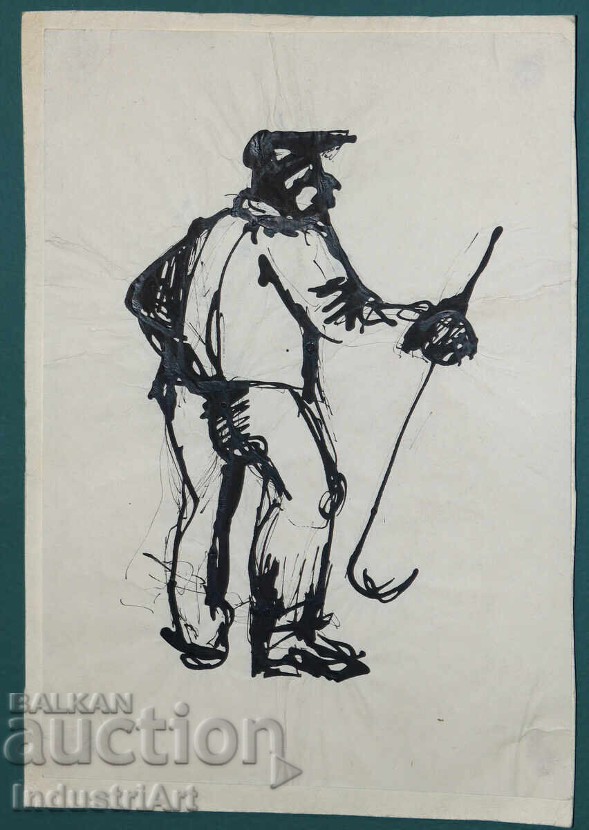 Interesting ink painting, portrait of a man with a cane with price 100.00 BGN | € 51.13