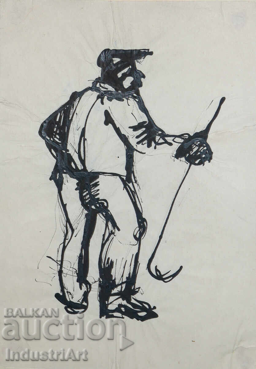 Auction  Interesting ink painting, portrait of a man with a cane