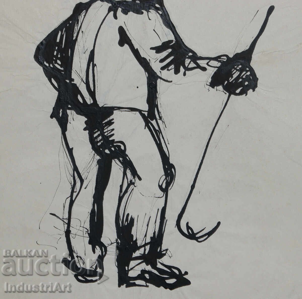 Interesting ink painting, portrait of a man with a cane - 5