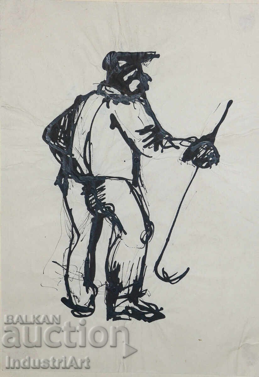 Interesting ink painting, portrait of a man with a cane