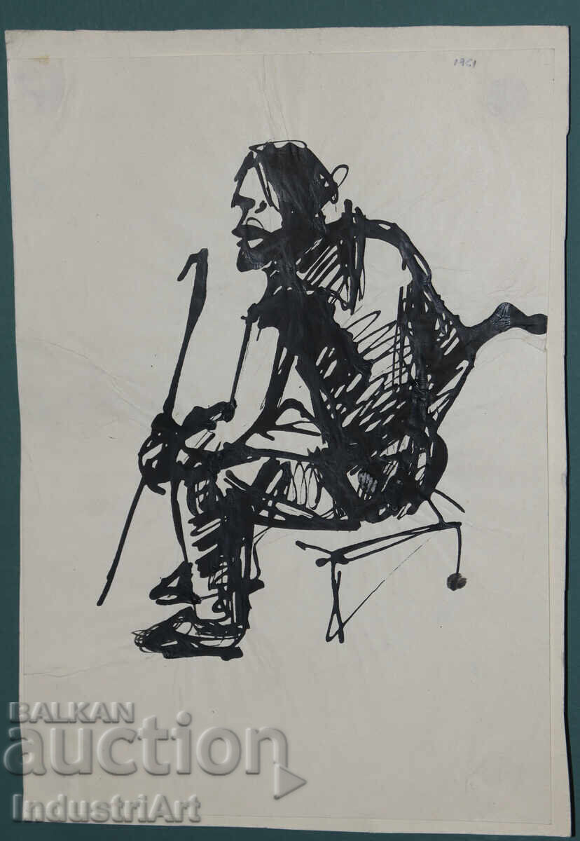 Ενδιαφέρον σχέδιο με μελάνι, πορτρέτο καθιστού άνδρα, 1961 με τιμή 100.00 BGN | € 51.13