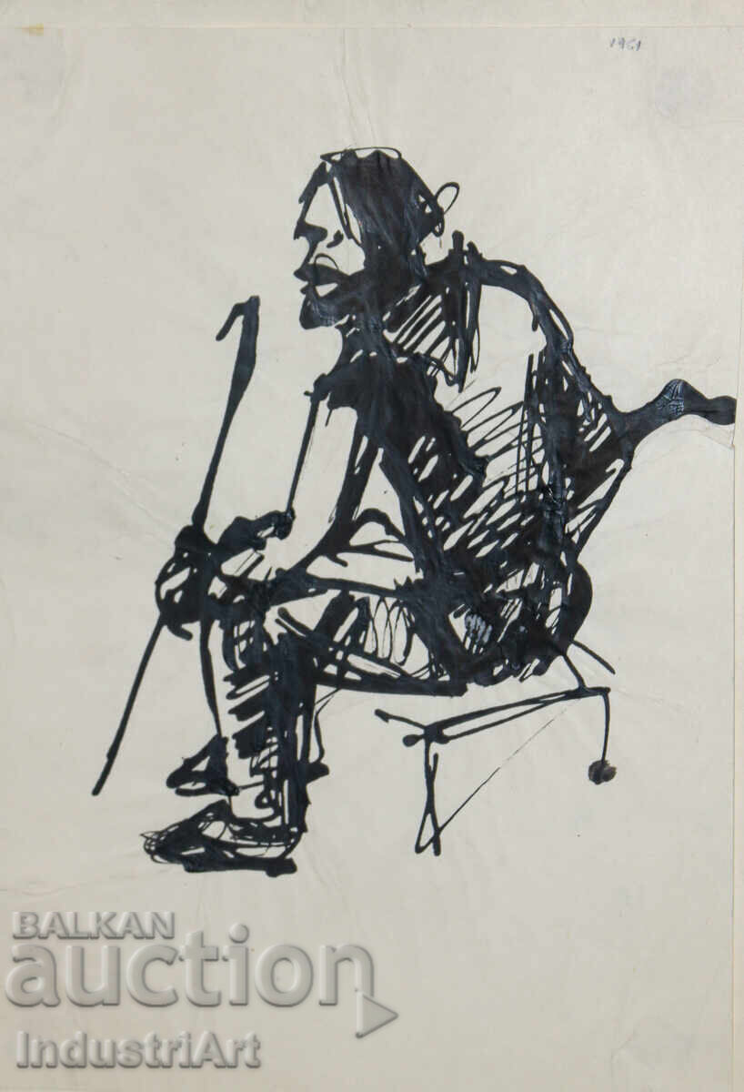 Δημοπρασία Ενδιαφέρον σχέδιο με μελάνι, πορτρέτο καθιστού άνδρα, 1961