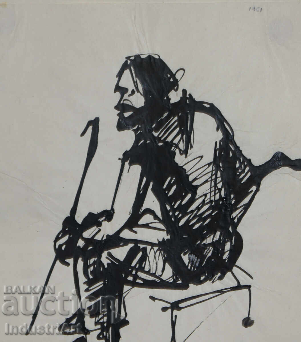 Παράδοση Ενδιαφέρον σχέδιο με μελάνι, πορτρέτο καθιστού άνδρα, 1961