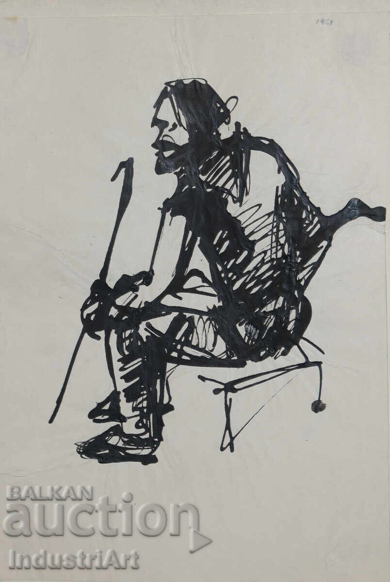 Ενδιαφέρον σχέδιο με μελάνι, πορτρέτο καθιστού άνδρα, 1961