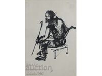 Tablou interesant, portret în tuș, bărbat șezând, 1961