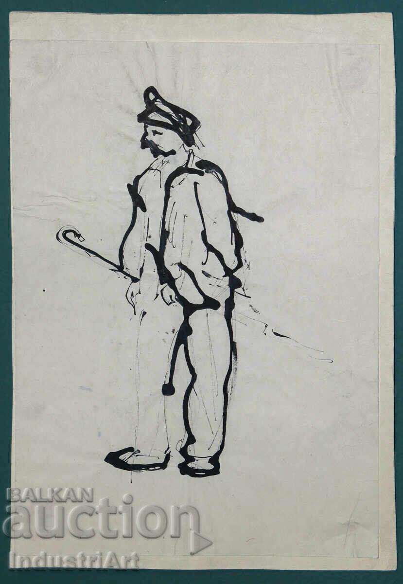 Interesting ink painting, portrait of a man with a cane with price 100.00 BGN | € 51.13