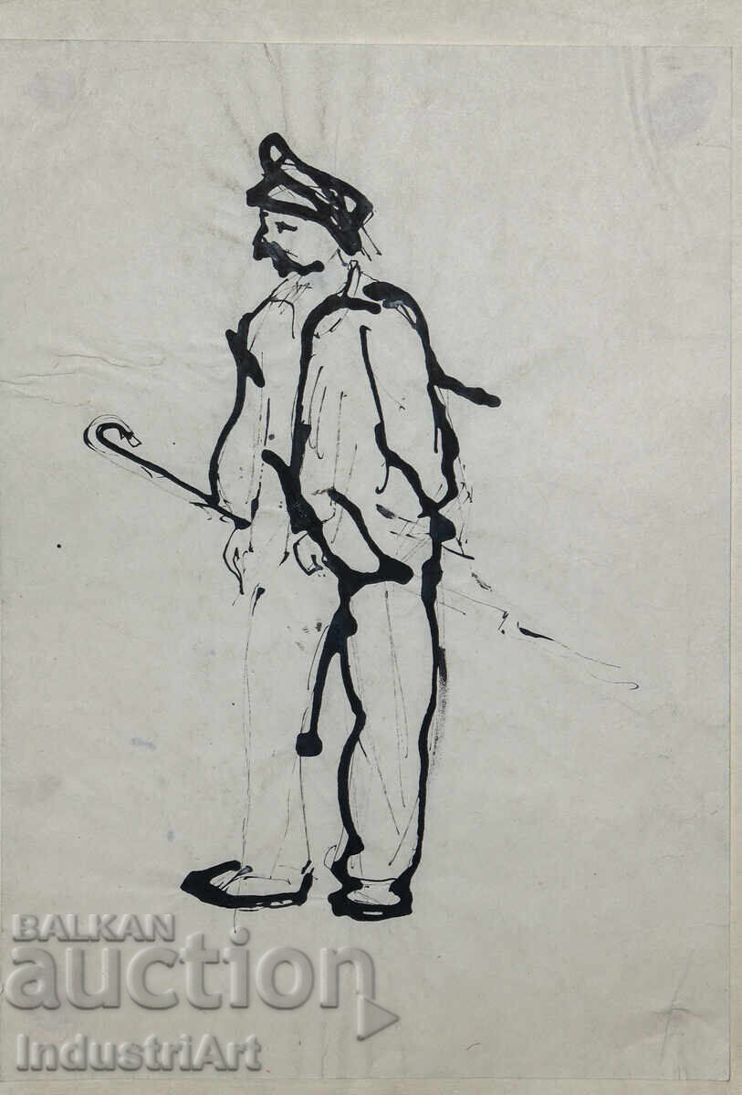 Auction  Interesting ink painting, portrait of a man with a cane
