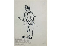 Tablou interesant, portret în tuș, bărbat cu baston