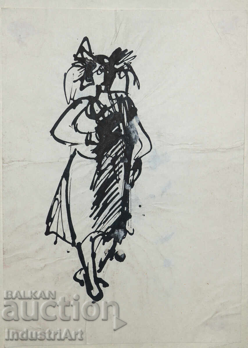 Δημοπρασία Ενδιαφέρουσα εικόνα με μελάνι, γυναικεία φιγούρα