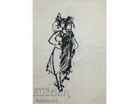 Tablou interesant cu tuș, figură feminină