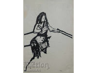 Pictură interesantă cu tuș, figură feminină, 1960