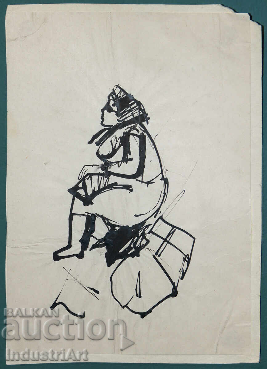 Interesting ink painting of a seated woman with price 100.00 BGN | € 51.13