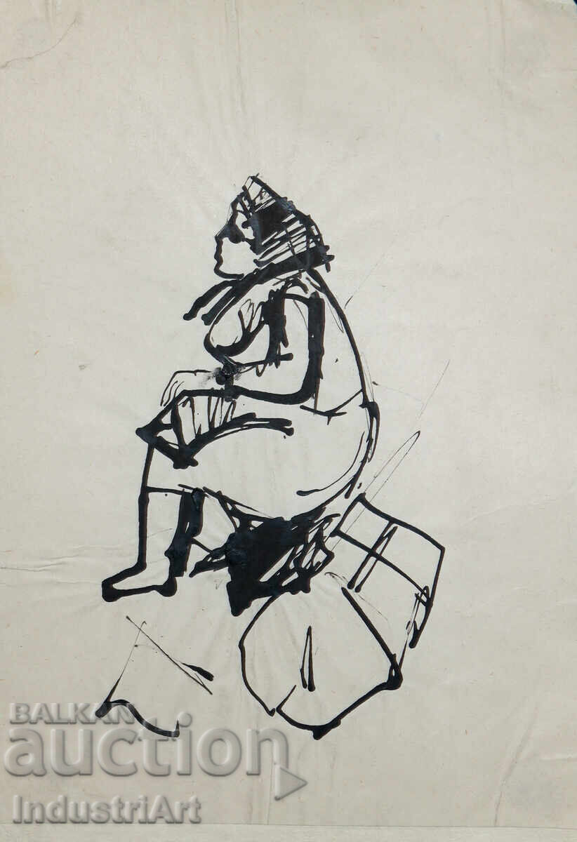 Auction  Interesting ink painting of a seated woman