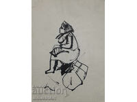 Tablou interesant, tuș, femeie șezând