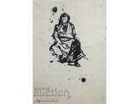 Tablou interesant, tuș, femeie șezând