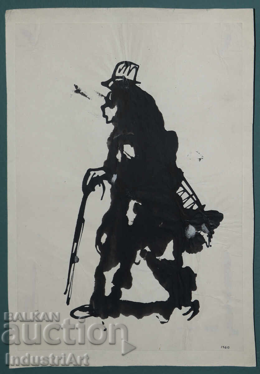 Auction  Interesting ink portrait painting 1960