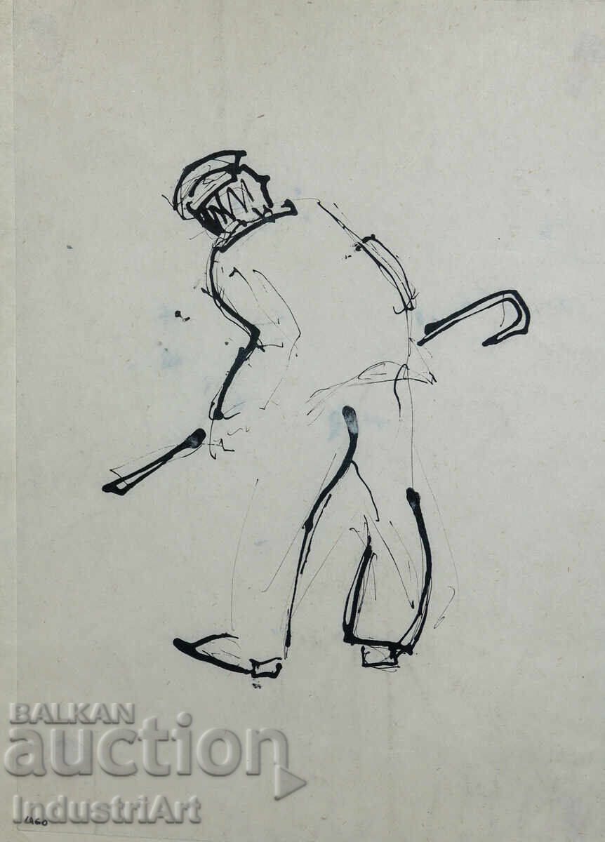 Δημοπρασία Ενδιαφέρουσα εικόνα μελάνι πορτρέτο άνδρα με μπαστούνι 1960