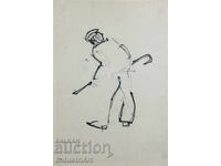 Pictură interesantă tuș portret bărbat cu baston 1960