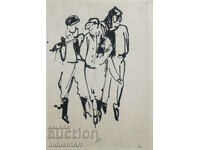 Pictură interesantă tuș, figuri feminine, 1961