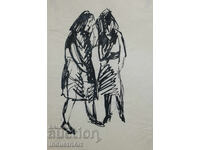 Pictură interesantă tuș, figuri feminine, 1961