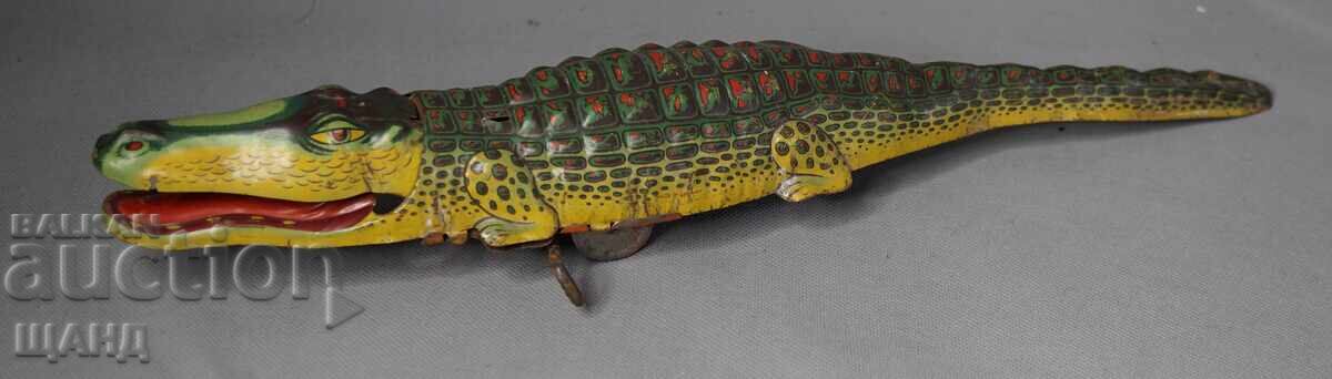 Παλιό Γερμανικό μεταλλικό μηχανικό παιχνίδι φιγούρα κροκόδειλος