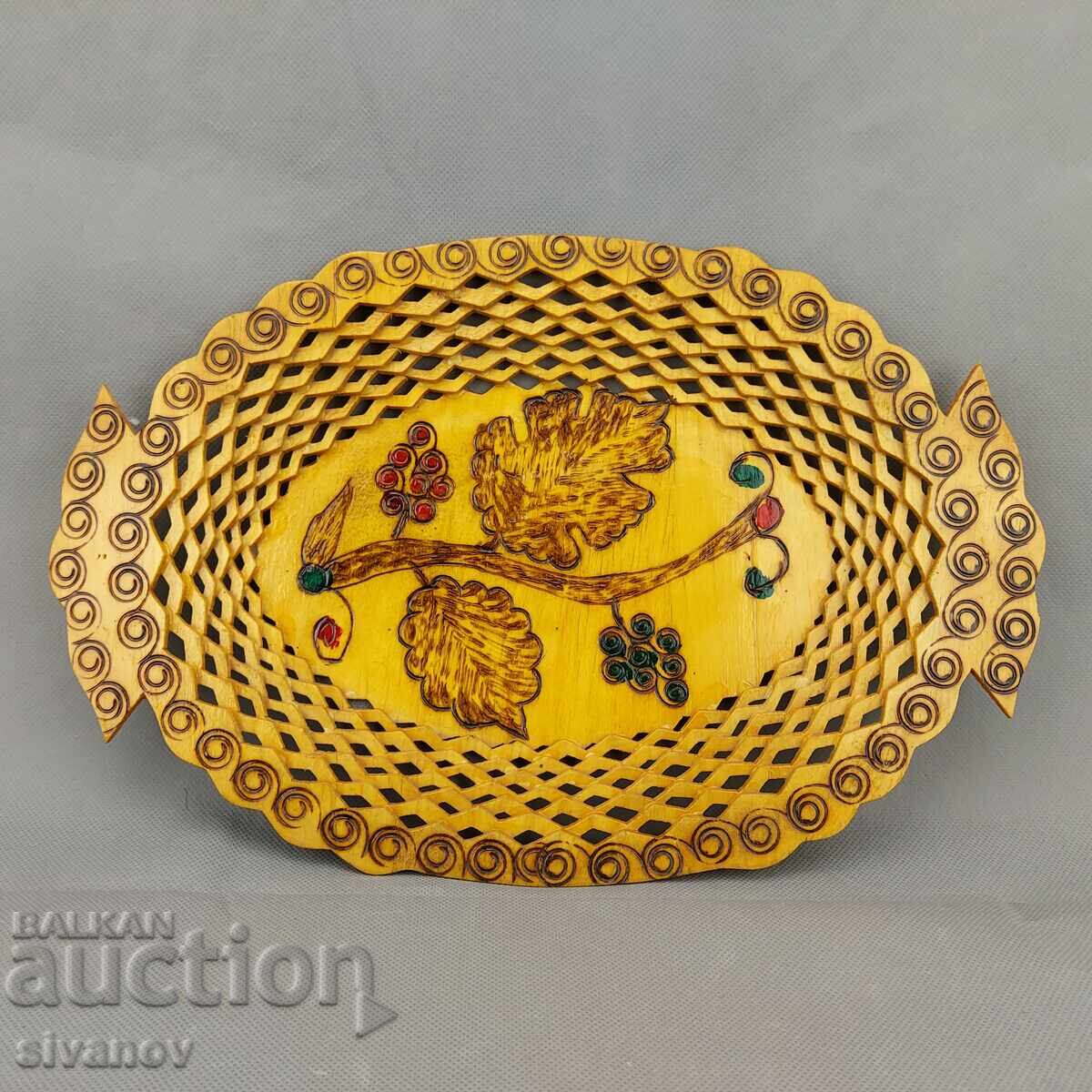 Παλιό όμορφο ξύλινο πιάτο, καλάθι φρούτων #3289 - 5