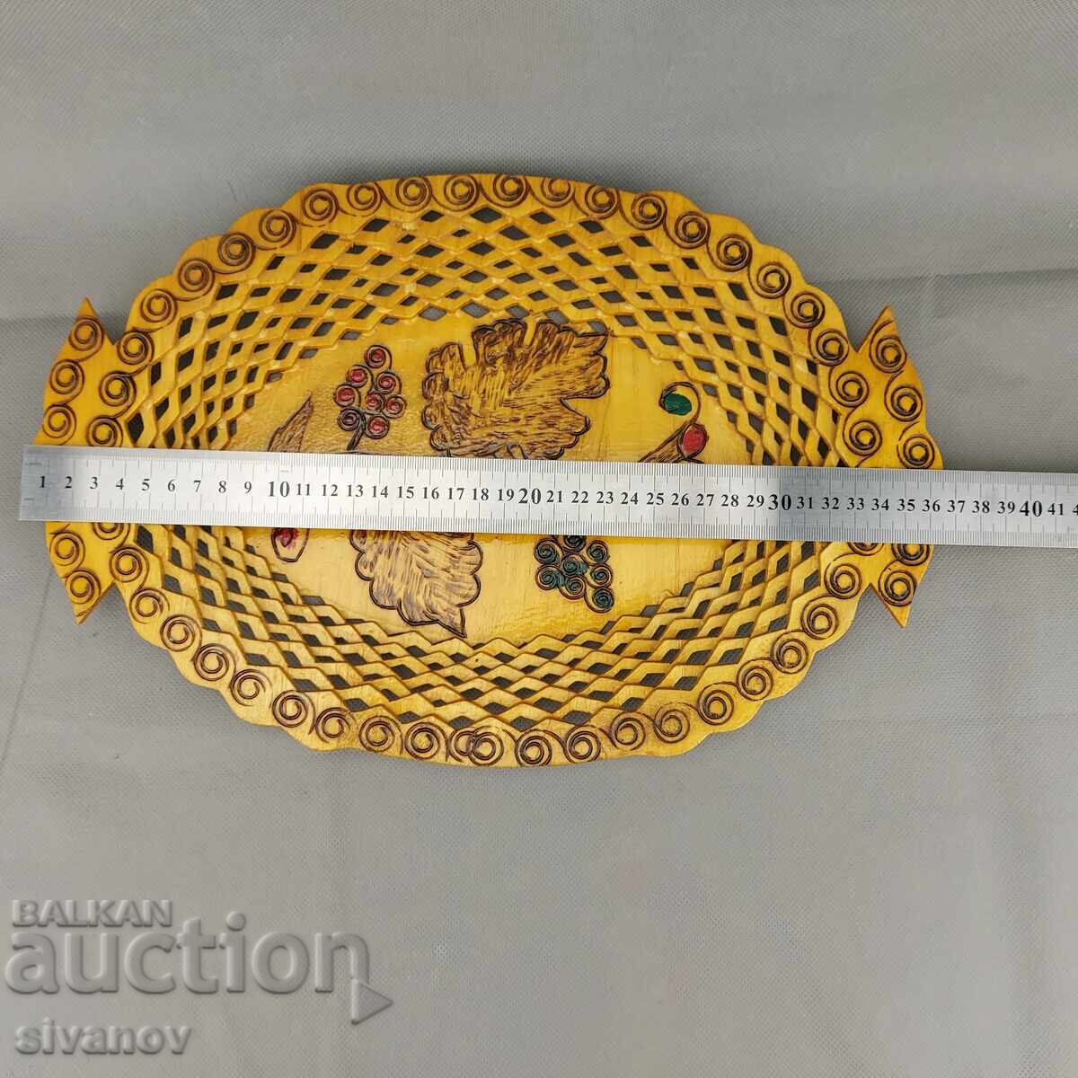 Παλιό όμορφο ξύλινο πιάτο, καλάθι φρούτων #3289 - 6