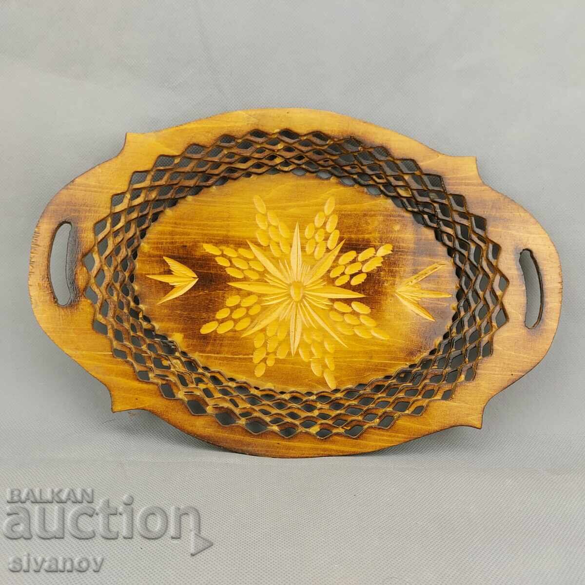 Παλιό όμορφο ξύλινο πιάτο, καλάθι, μπολ φρούτων #3290