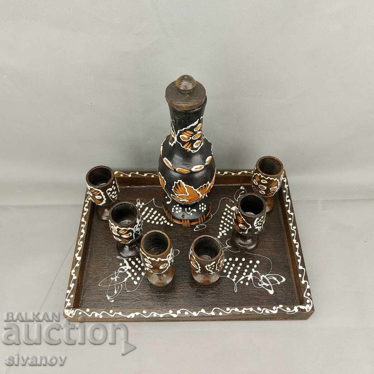 Παλαιό σκαλιστό ζωγραφιστό ξύλινο μπουκάλι με 6 ποτήρια #3293 με τιμή 24.99 BGN | € 12.78