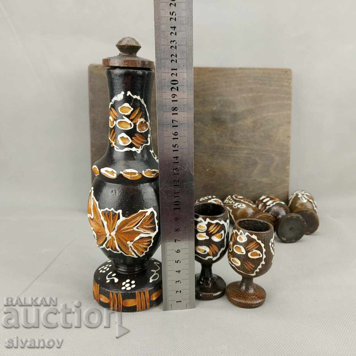 Παράδοση Παλαιό σκαλιστό ζωγραφιστό ξύλινο μπουκάλι με 6 ποτήρια #3293