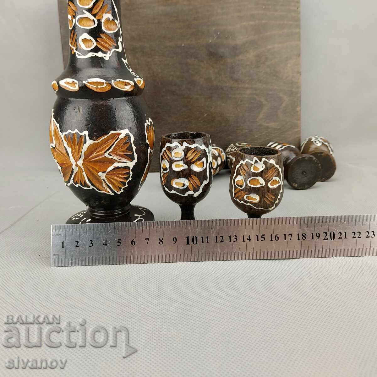 Παλαιό σκαλιστό ζωγραφιστό ξύλινο μπουκάλι με 6 ποτήρια #3293 - 5