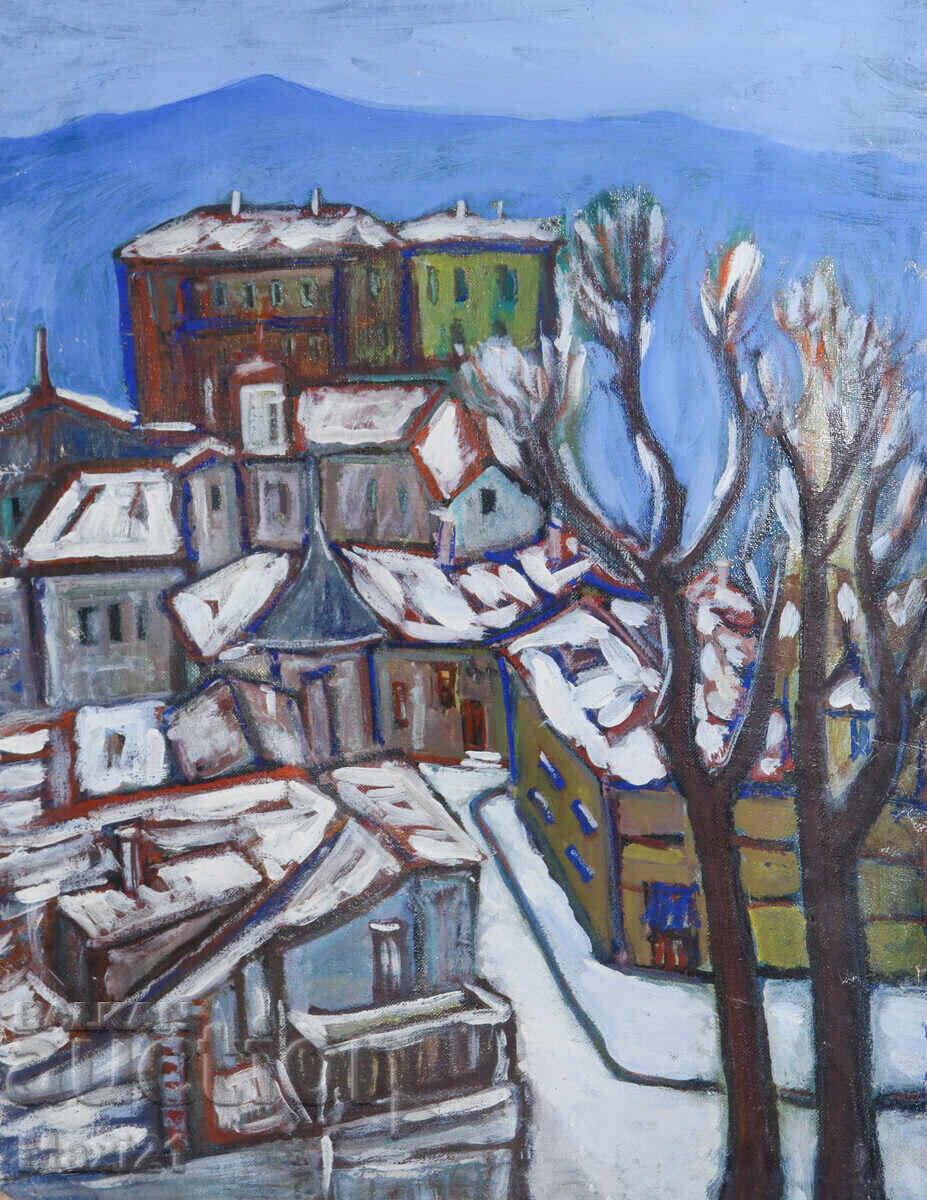 Licitație Pictură în ulei peisaj urban de iarnă