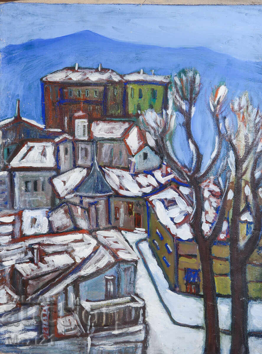 Pictură în ulei peisaj urban de iarnă