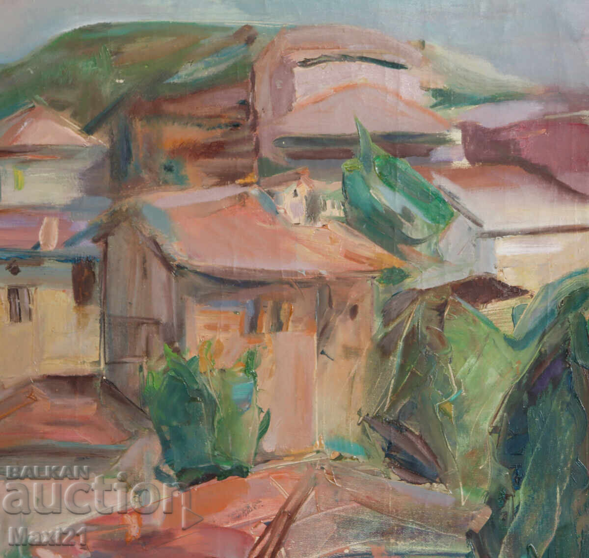 Стара картина маслени бои градски пейзаж - 6